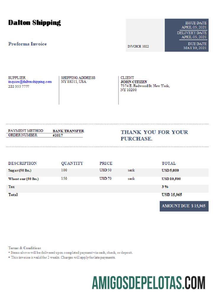 Fatura de remessa Dalton dos EUA exemplo real